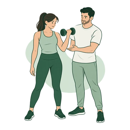 A personal trainer guides a dumbbell arm exercise.