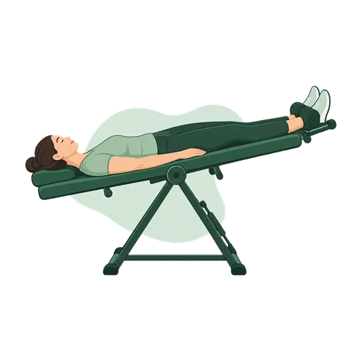 A patient lies on a back-stretching table gently tilted with the head lower than the feet.